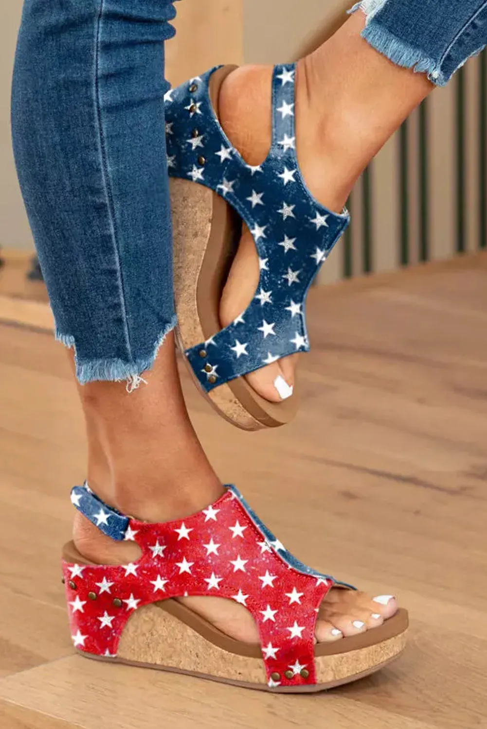 Womens Open Toe Platform Sandals Contrast Stars Print Slip on Wedge Sandals